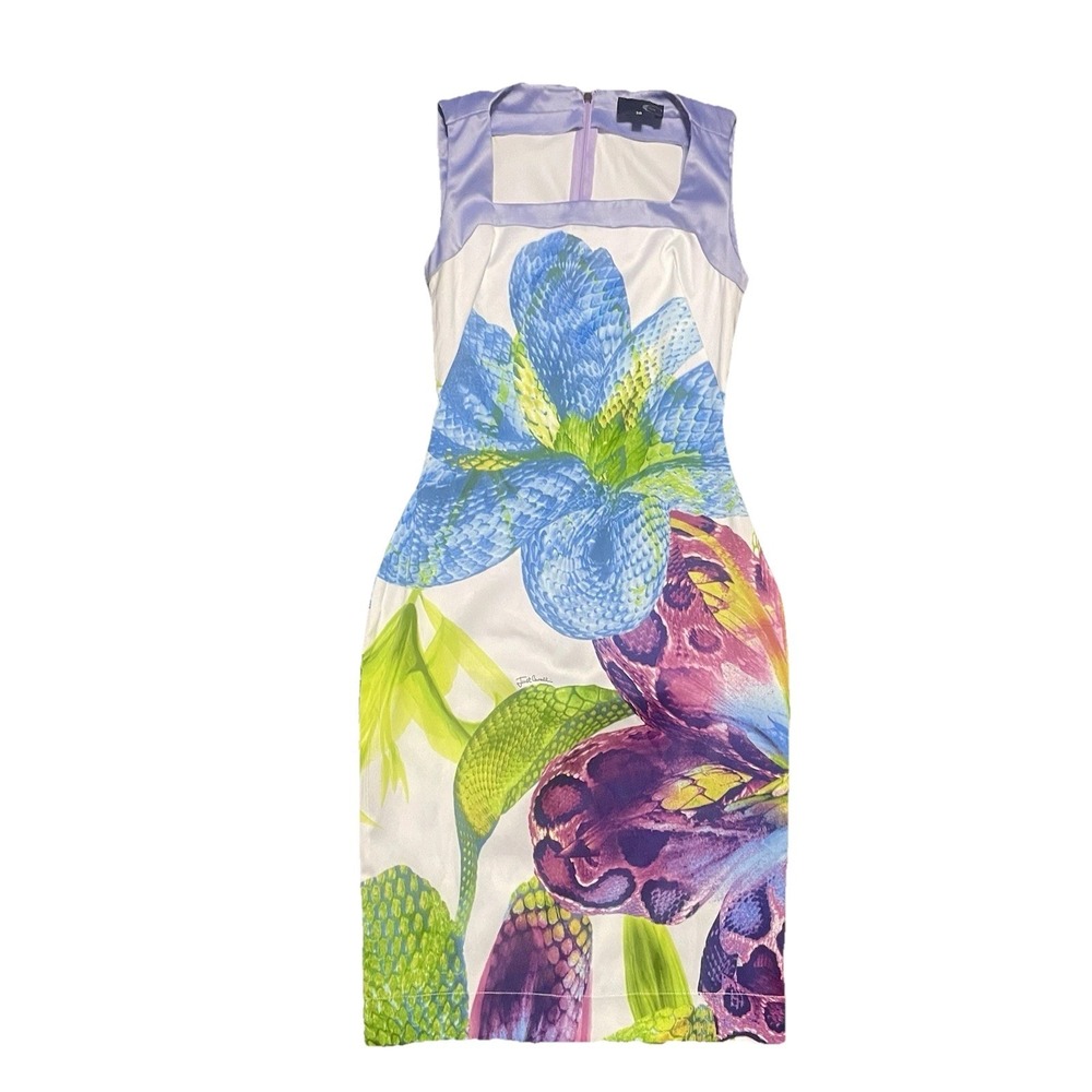 Just Cavalli Purple Green Floral Print Satin Sheath Dress XS Sumer Wedding Guest